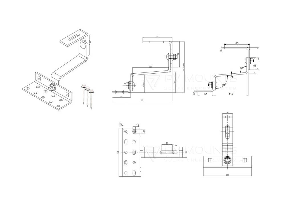 pvm-th-13 solar tile roof hook drawing