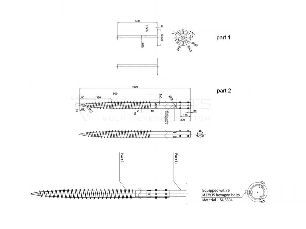 Tornillo de tierra ajustable pila PVM-GS-04B L1600 dibujo (3)