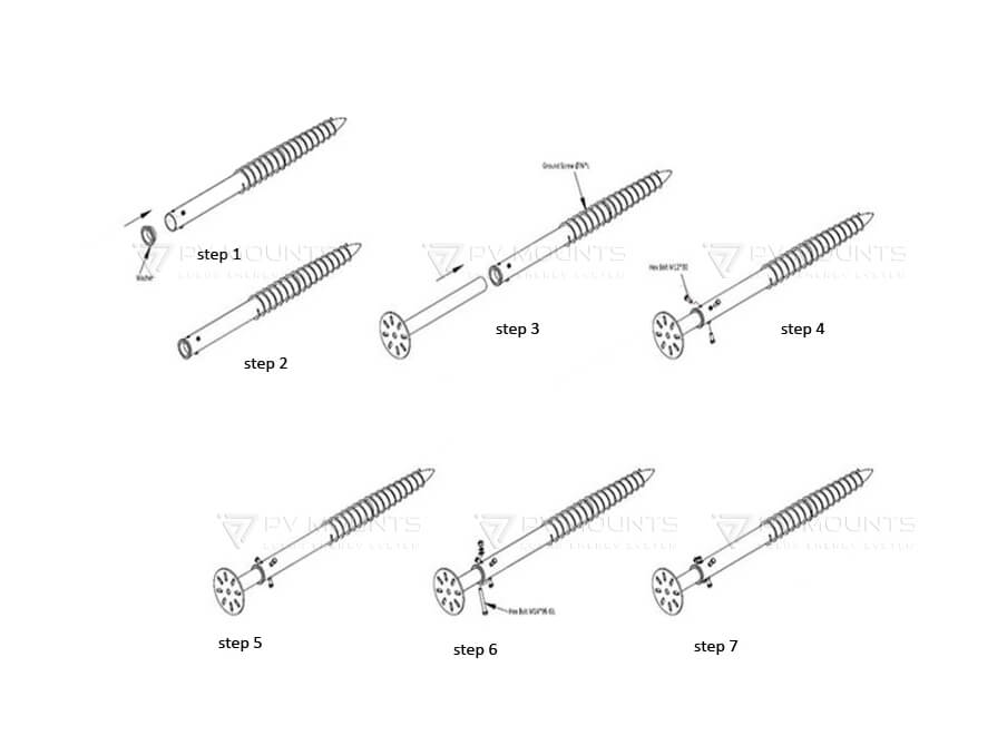 Como instalar o parafuso de aterramento solar para estacas, píer, âncora e poste com flange ajustável PVM-GS-04B